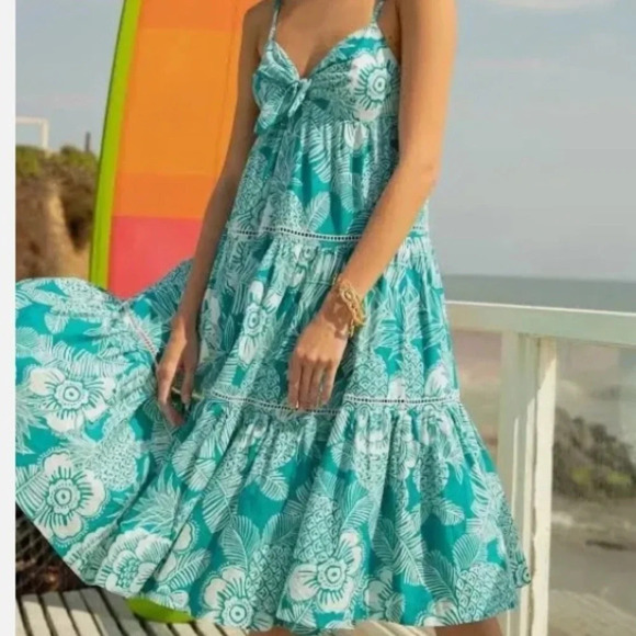 Trina Turk Glorious midi teal white tropical floral dress Small New with Tags - Picture 1 of 9